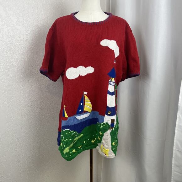 VTG Lighthouse Nautical Sweater Womens 1X Short Sleeve Novelty Coastal Grandma - Picture 1 of 11